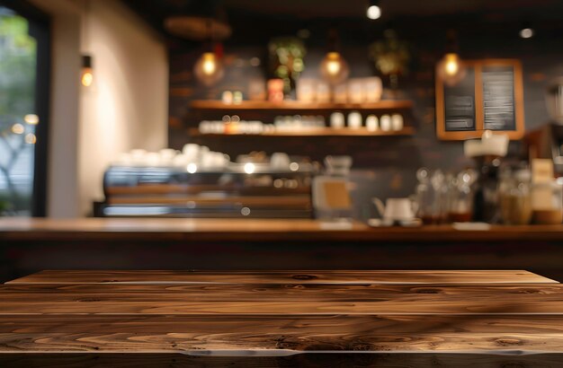 mesa de madera vacía con fondo borroso de la cafetería