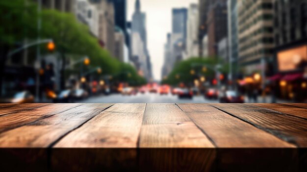 Foto la mesa de madera vacía con el fondo borroso de la calle de nueva york imagen exuberante