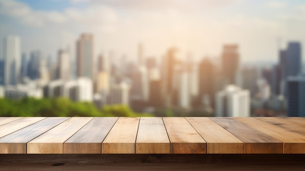 La mesa de madera vacía con un fondo borroso del distrito comercial del centro Exuberante