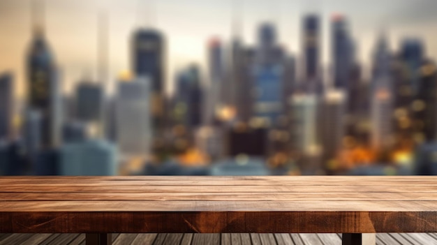 La mesa de madera vacía con un fondo borroso del distrito de negocios y el edificio de oficinas en otoño