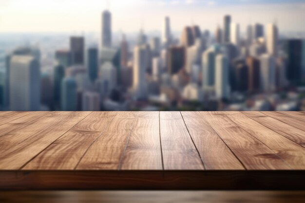 La mesa de madera vacía con un fondo borroso del distrito de negocios y el edificio de oficinas en otoño