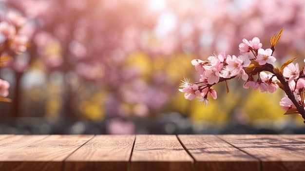 Mesa de madera vacía con fondo borroso de flores de cerezo rosa