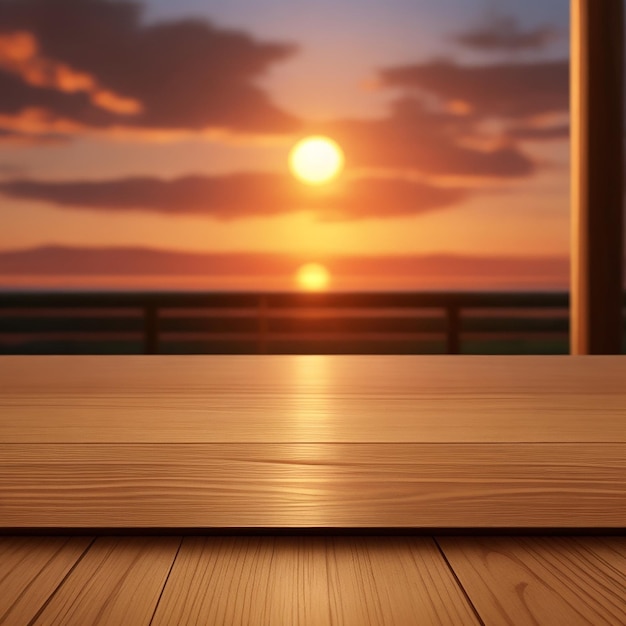 La mesa de madera vacía con un fondo borroso de la foto del atardecer generado por IA