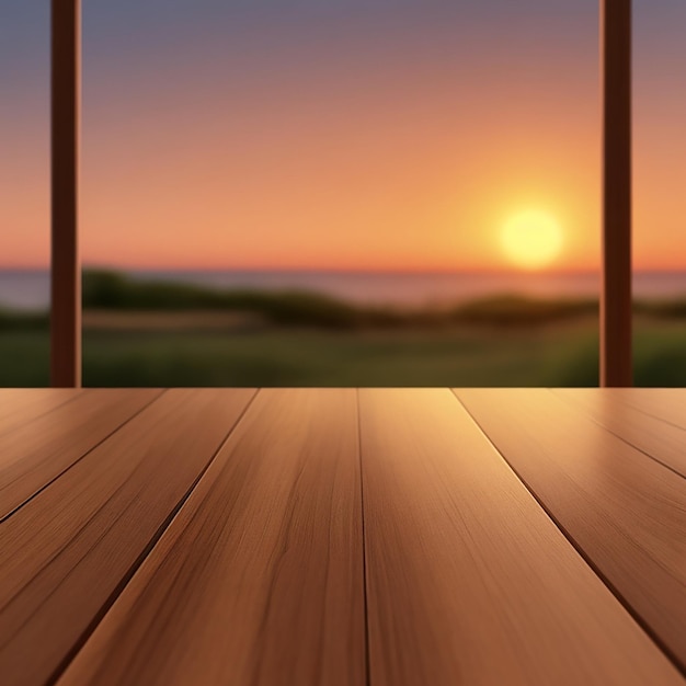 La mesa de madera vacía con un fondo borroso de la foto del atardecer generado por IA