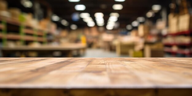 La mesa de madera vacía con el fondo borroso de un gran almacén imagen exuberante