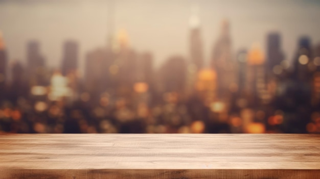 La mesa de madera vacía con el fondo borroso de la habitación vacía Imagen exuberante