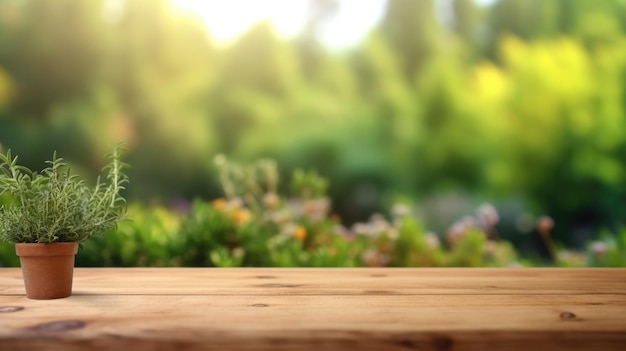 La mesa de madera vacía con un fondo borroso del jardín AI generativo AIG30