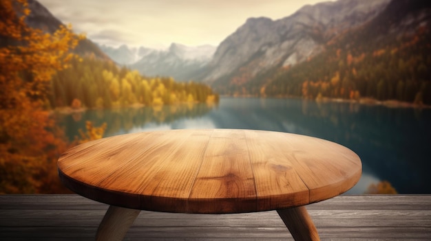 La mesa de madera vacía con un fondo borroso de lago y montaña en otoño AI generativo AIG30