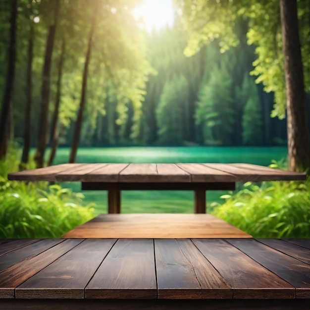 La mesa de madera vacía con un fondo borroso de lagos y bosques verdes generados por la IA