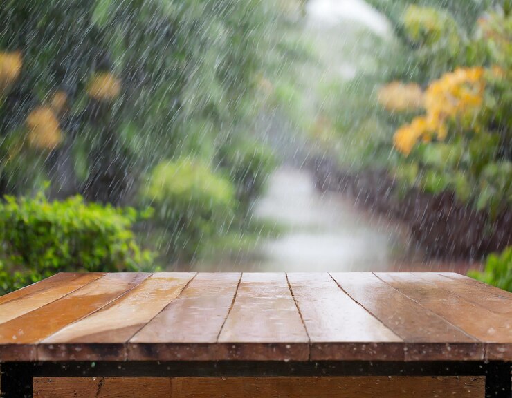La mesa de madera vacía con el fondo borroso de la lluvia
