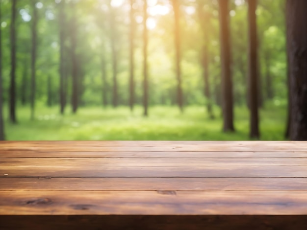 Mesa de madera vacía con fondo borroso de montañas nevadas y árboles