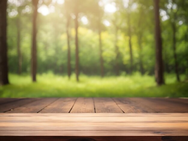 Mesa de madera vacía con fondo borroso de montañas nevadas y árboles