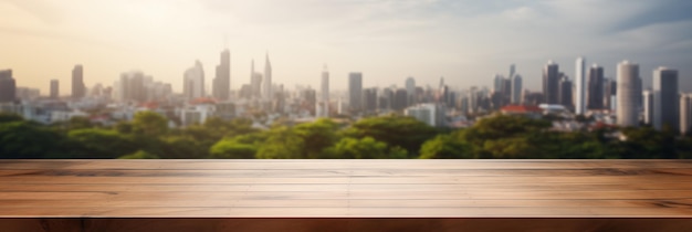 Mesa de madera vacía con fondo borroso de la naturaleza horizonte ciudad ciudad