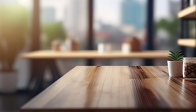 Mesa de madera vacía con fondo borroso de oficina y sala de reuniones