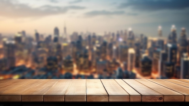 La mesa de madera vacía con el fondo borroso del paisaje urbano exuberante