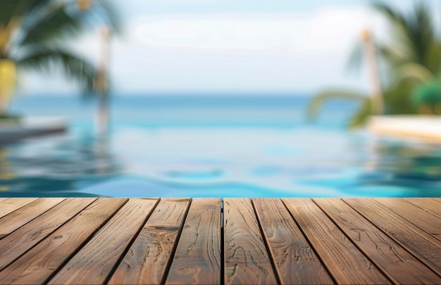 Mesa de madera vacía con fondo borroso de piscina y mar