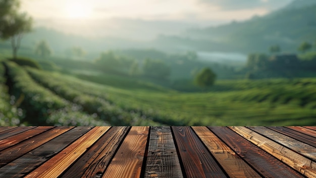 Mesa de madera vacía con un fondo borroso de la plantación de té