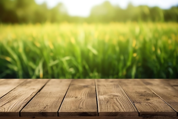 Mesa de madera vacía y fondo borroso de la plantilla de exhibición de productos verdes de granja de verano