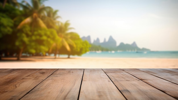 La mesa de madera vacía con el fondo borroso de la playa de Tailandia exuberante