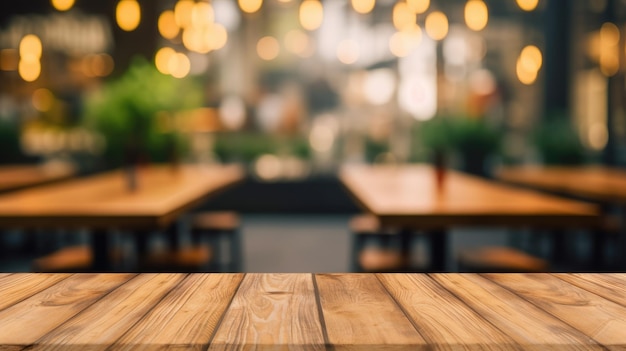 La mesa de madera vacía con fondo borroso del restaurante Imagen exuberante