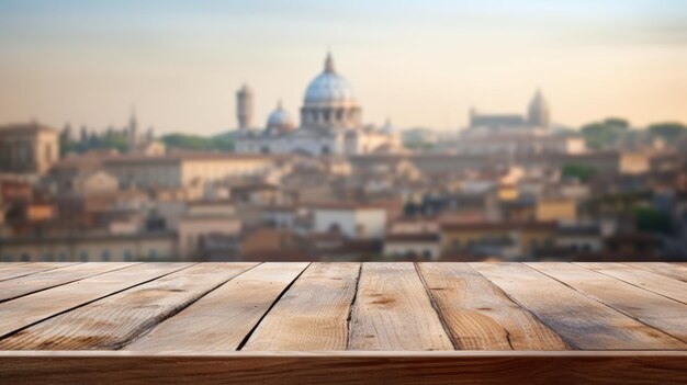 Foto la mesa de madera vacía con un fondo borroso de roma exuberante