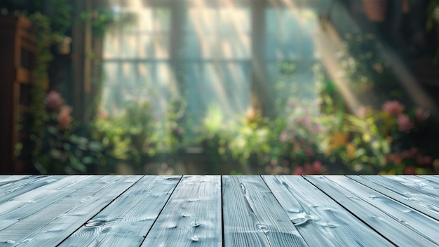 Mesa de madera vacía con fondo borroso de la ventana con vista al jardín de la casa