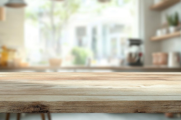 Mesa de madera vacía con fondo de café borroso