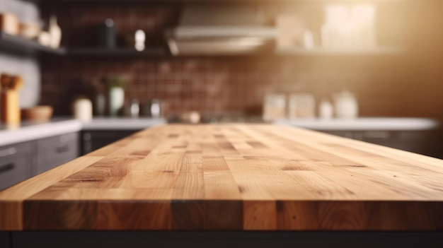 Mesa de madera vacía con fondo de cocina borroso y espacio para copiar