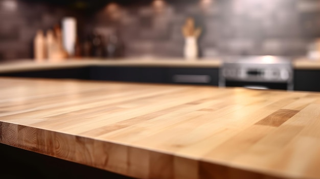 Mesa de madera vacía con fondo de cocina borroso y espacio para copiar