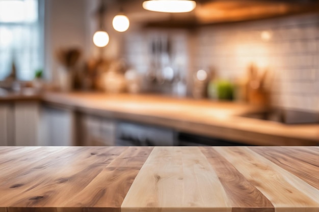 Mesa de madera vacía con fondo de cocina borroso