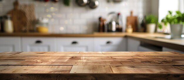 Foto una mesa de madera está vacía con un fondo de cocina borroso