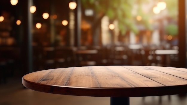 Mesa de madera vacía con fondo de cocina de cafetería