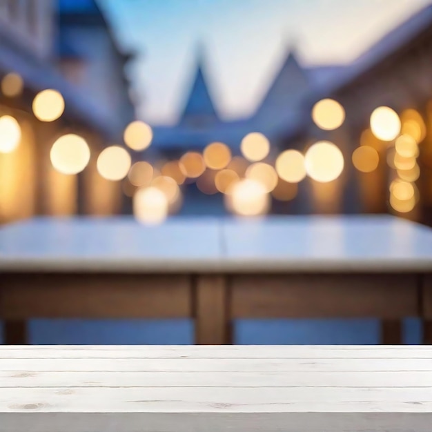 Una mesa de madera vacía con un fondo de festival de bokeh de lujo brillante generado por IA