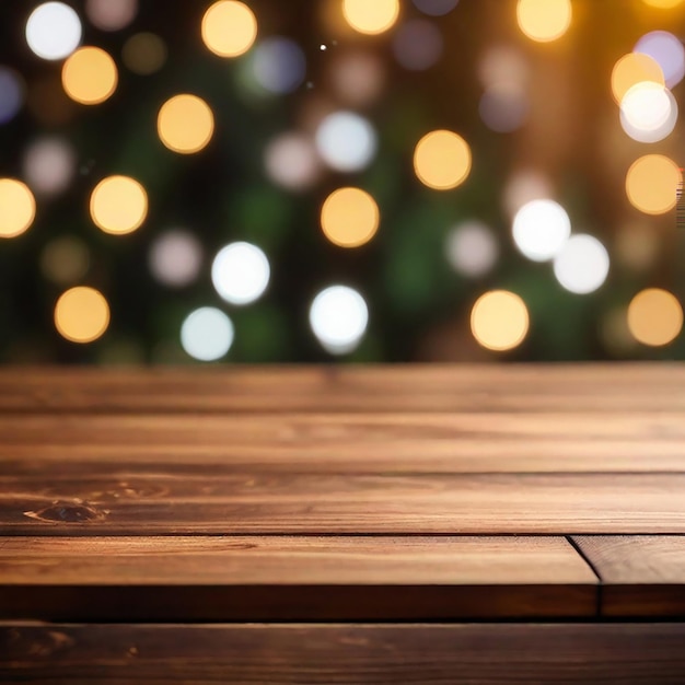 Una mesa de madera vacía con un fondo de festival generado por la IA