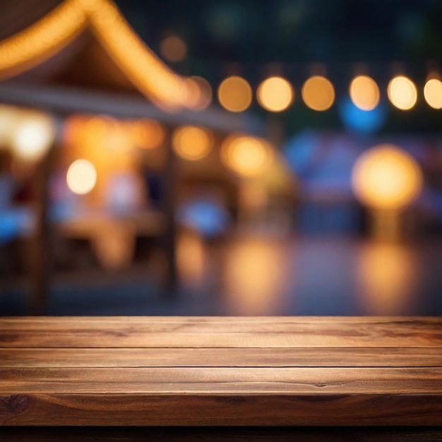 Una mesa de madera vacía con un fondo de festival generado por la IA