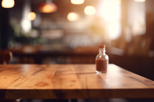 Mesa de madera vacía con fondo interior borroso Madera natural creada con IA generativa