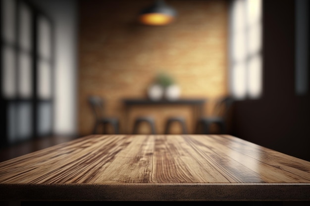 Mesa de madera vacía con fondo interior de habitación borrosa