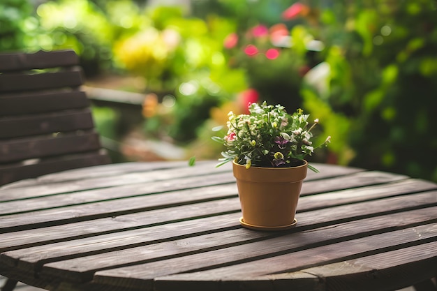 Mesa de madera vacía con fondo de jardín al aire libre borroso