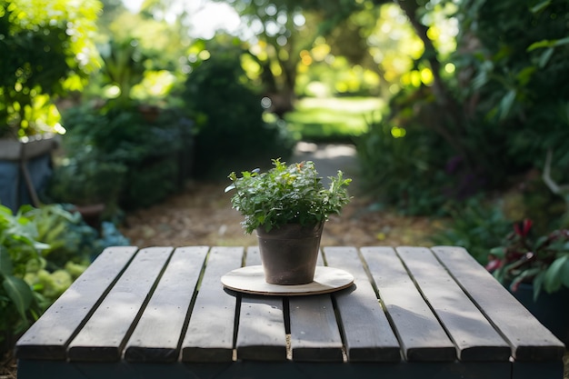 Mesa de madera vacía con fondo de jardín al aire libre borroso