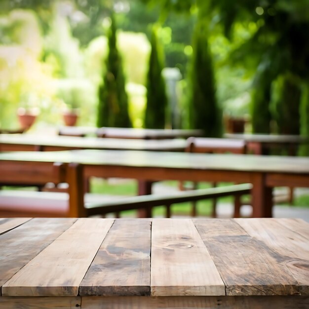 mesa de madera vacía en un fondo de jardín borroso con fondo bokeh borroso hacia atrás IA generativa