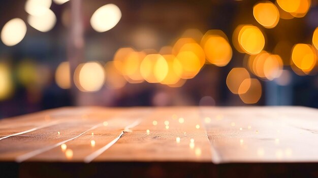 Mesa de madera vacía y fondo de luces bokeh para exhibición de productos