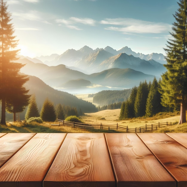 Mesa de madera vacía con fondo de naturaleza borrosa Montaña con árboles cielo azul en un día tranquilo y soleado