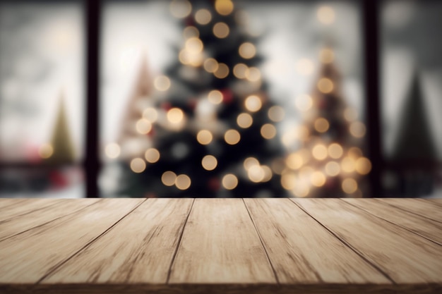Mesa de madera vacía con fondo de navidad borroso
