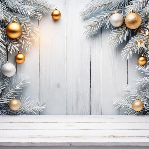 Una mesa de madera vacía con un fondo de Navidad brillante generado por la IA