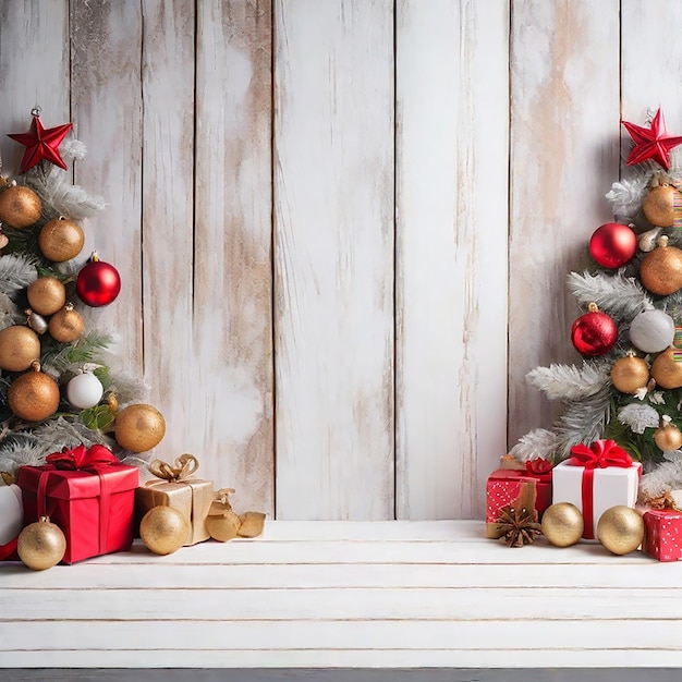 Una mesa de madera vacía con un fondo de Navidad brillante generado por la IA