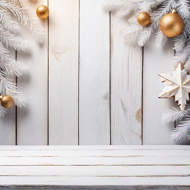 Una mesa de madera vacía con un fondo de Navidad brillante generado por la IA