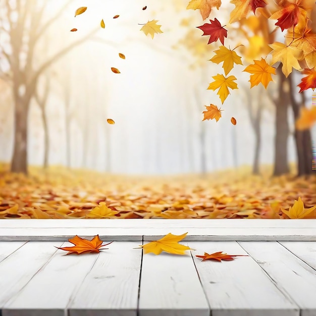 Mesa de madera vacía con fondo de otoño borroso con hojas caídas generadas por IA