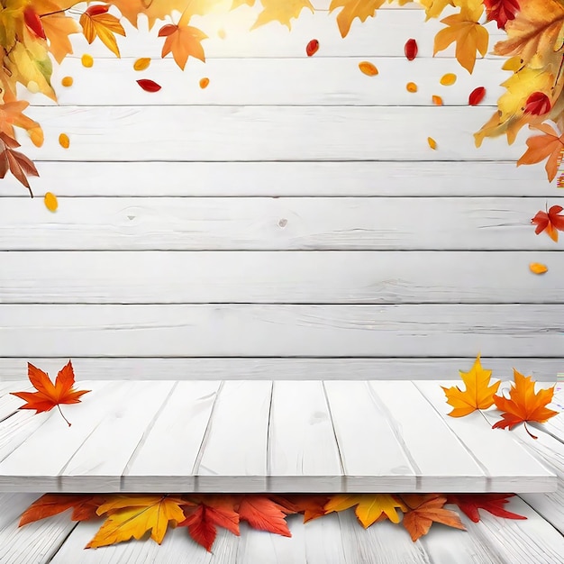 Mesa de madera vacía con fondo de otoño borroso con hojas caídas generadas por IA