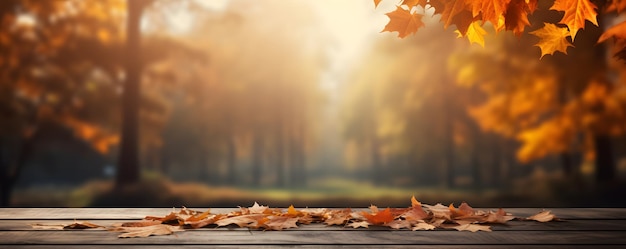 Mesa de madera vacía con fondo de otoño