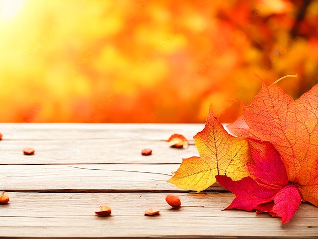 Mesa de madera vacía con fondo de otoño